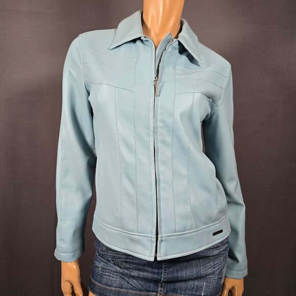 Y2K Moto Cafe Racer Jacket Size S Light Blue Faux Leather Full Zip 2000s - Picture 1 of 10
